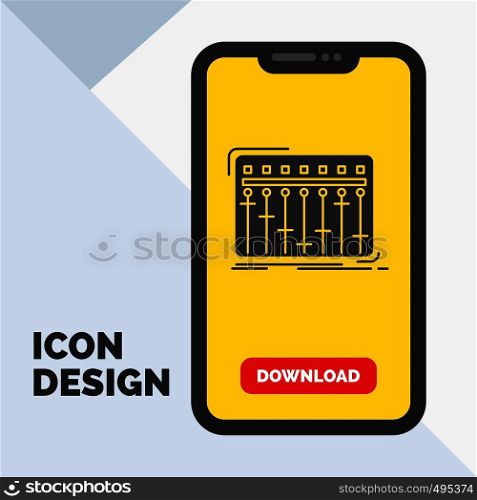 Console, dj, mixer, music, studio Glyph Icon in Mobile for Download Page. Yellow Background. Vector EPS10 Abstract Template background
