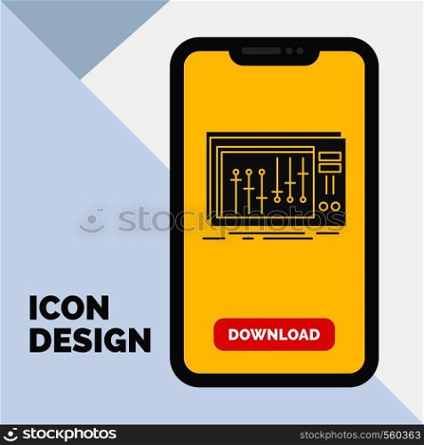Console, dj, mixer, music, studio Glyph Icon in Mobile for Download Page. Yellow Background. Vector EPS10 Abstract Template background