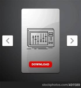 Console, dj, mixer, music, studio Line Icon in Carousal Pagination Slider Design & Red Download Button. Vector EPS10 Abstract Template background
