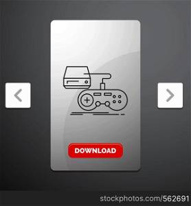 Console, game, gaming, playstation, play Line Icon in Carousal Pagination Slider Design & Red Download Button. Vector EPS10 Abstract Template background