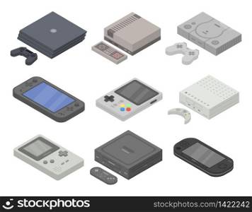 Console icons set. Isometric set of console vector icons for web design isolated on white background. Console icons set, isometric style