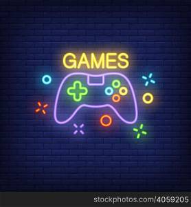 Console with Games lettering. Neon sign on brick background. Videogame, online game, hobby. Game concept. For topics like entertainment, leisure, nightlife