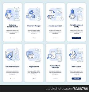 Consolidation strategies light blue onboarding mobile app screen set. Walkthrough 4 steps editable graphic instructions with linear concepts. UI, UX, GUI template. Myriad Pro-Bold, Regular fonts used. Consolidation strategies light blue onboarding mobile app screen set
