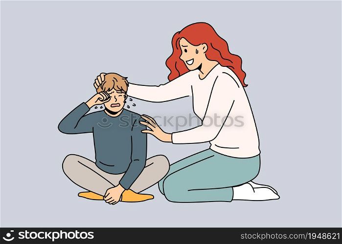 Consoling and communication with children concept. Young loving woman mother sitting and consoling helping to calm down her crying child boy kid vector illustration. Consoling and communication with children concept.