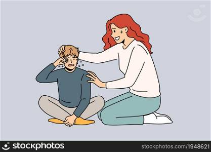 Consoling and communication with children concept. Young loving woman mother sitting and consoling helping to calm down her crying child boy kid vector illustration. Consoling and communication with children concept.