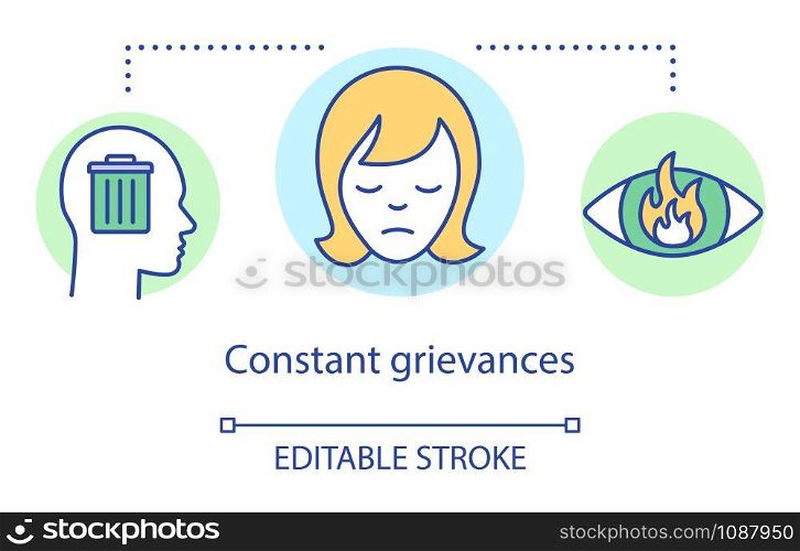 Constant grievances concept icon. Relationship trouble, holding grudge idea thin line illustration. Head with trash, sad woman face and flaming eye vector isolated outline drawing. Editable stroke