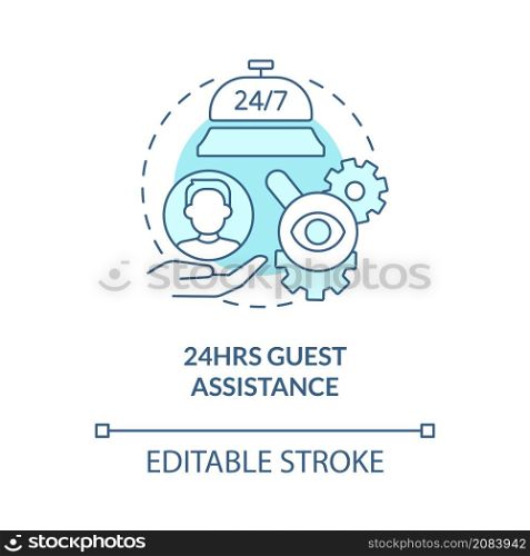 Constant guest assistance turquoise concept icon. Hotels property management abstract idea thin line illustration. Isolated outline drawing. Editable stroke. Roboto-Medium, Myriad Pro-Bold fonts used. Constant guest assistance turquoise concept icon