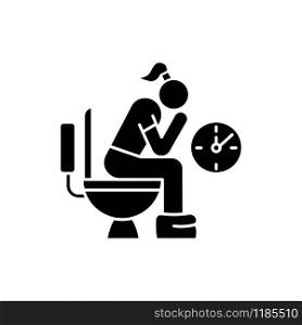 Constipation glyph icon. Menstruation pain. Period problem. Girl with hemorrhoids in lavatory. Woman on toilet. Digestive tract problem. Silhouette symbol. Negative space. Vector isolated illustration
