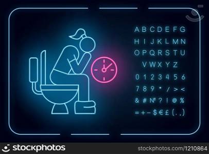 Constipation neon light icon. Menstruation pain. Period problem. Girl in lavatory. Woman on toilet. Digestive problem. Glowing sign with alphabet, numbers and symbols. Vector isolated illustration