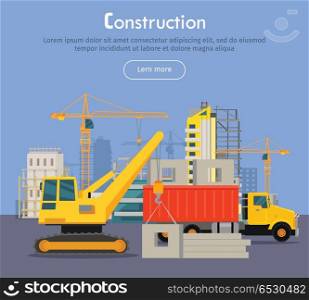 Construcrtion. Build Banner Concept in Flat Style.. Construcrtion. Build banner concept in flat style. Modern building process. Pouring concrete. Building of residential house banner. Big building area. Icons of construction machinery. Vector
