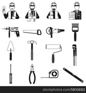 Construct black icons set with clamp hammer engineers characters isolated vector illustration. Construct Black Set