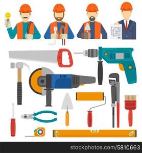 Construct icons flat set with engineer avatars and worker tools isolated vector illustration. Construct Icons Flat Set