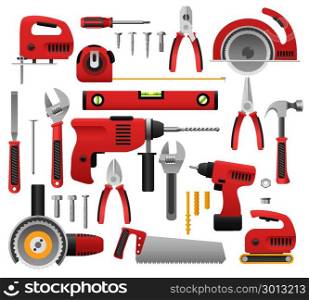 Construct tool icon set. Construction tools. Construct tool icon set with screwdriver and saw, spanner and roulette, hammer and plane vector illustration