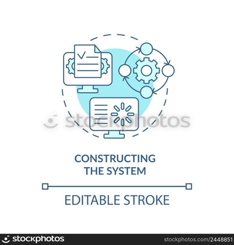 Constructing system turquoise concept icon. Data system development abstract idea thin line illustration. Isolated outline drawing. Editable stroke. Arial, Myriad Pro-Bold fonts used. Constructing system turquoise concept icon