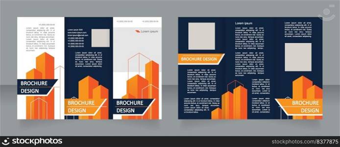 Construction activities investment trifold brochure template design. Zig-zag folded leaflet set with copy space for text. Editable 3 panel flyers. Arial Regular, Calibri Bold fonts used. Construction activities investment trifold brochure template design