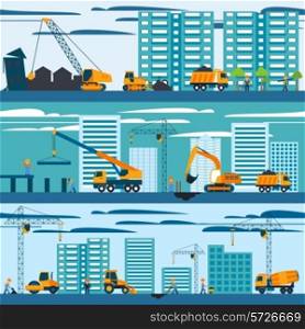 Construction and building concept with builders machines and skyscrapers vector illustration