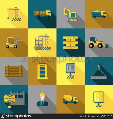 Construction and building industry icons flat long shadow set isolated vector illustration. Construction Icons Flat