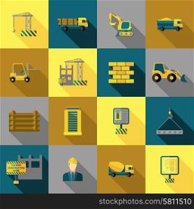 Construction and building industry icons flat long shadow set isolated vector illustration. Construction Icons Flat