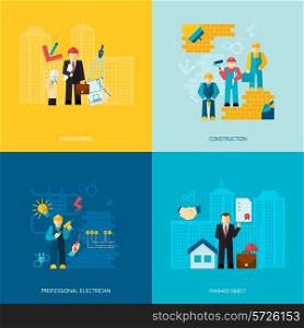 Construction and building professions flat set with engineering professional electrician works finished object isolated vector illustration