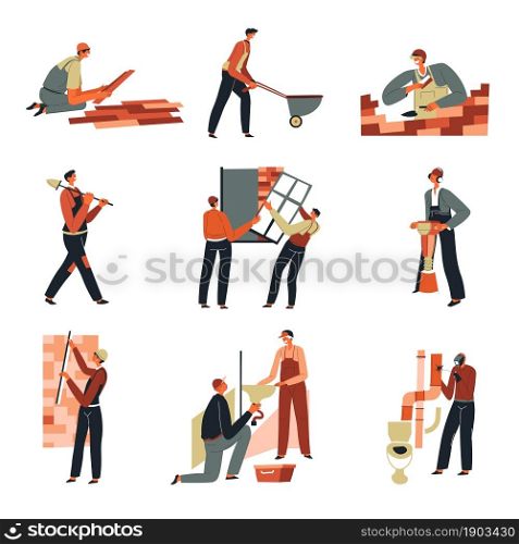 Construction and building works at site, people working with tools. Bricklaying and painting, setting window. Architecture and maintenance of object, engineering and contractors. Vector in flat style. Builders on building site, construction works