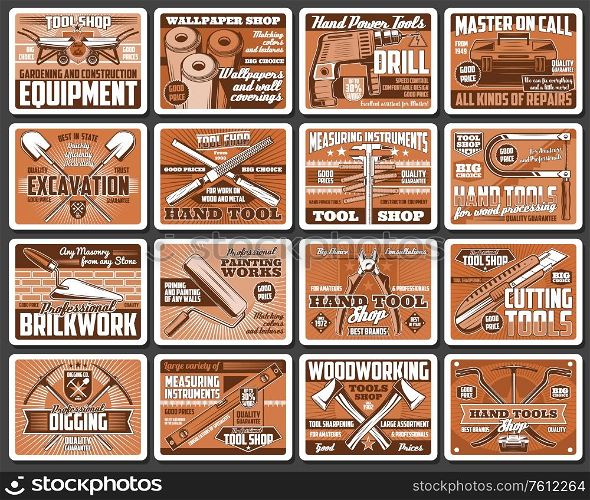 Construction and DIY tools retro vector posters. Hardware, carpentry and brickwork instruments vintage cards. Woodwork tools shop, house remodeling, building and repair equipment. Construction and DIY tools retro posters