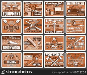 Construction and DIY tools retro vector posters. Hardware, carpentry and brickwork instruments vintage cards. Woodwork tools shop, house remodeling, building and repair equipment. Construction and DIY tools retro posters