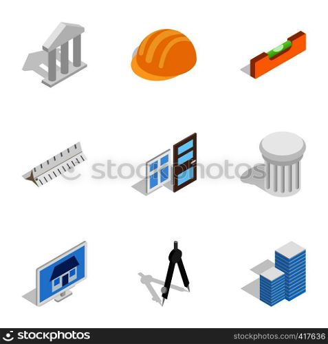 Construction and engineer icons set. Isometric 3d illustration of 9 construction and engineer vector icons for web. Construction and engineer icons isometric 3d style