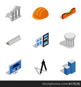 Construction and engineer icons set. Isometric 3d illustration of 9 construction and engineer vector icons for web. Construction and engineer icons isometric 3d style