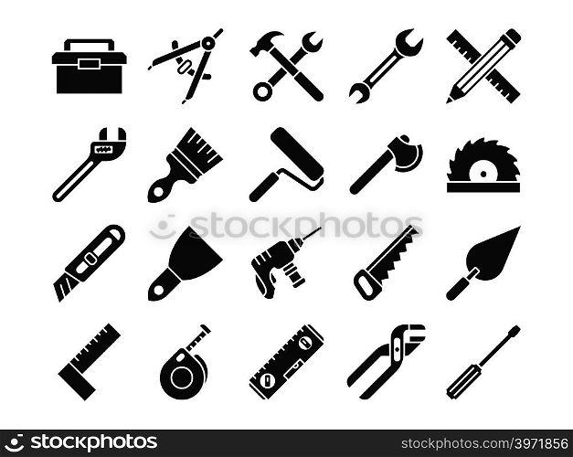Construction and engineering tools silhouette vector icons. Silhouette of hammer and equipment hardware, drill and wrench illustration. Construction and engineering tools silhouette vector icons