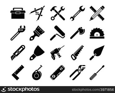 Construction and engineering tools silhouette vector icons. Silhouette of hammer and equipment hardware, drill and wrench illustration. Construction and engineering tools silhouette vector icons