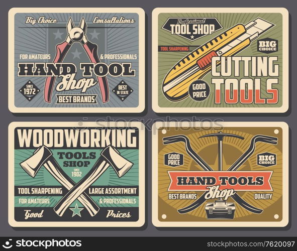 Construction and home renovation hand tools, handyman shop vintage posters. Vector cutting knife, pliers or nippers, woodworking ax and digging pickaxe and nail puller with toolbox. Repair and construction hand tools shop