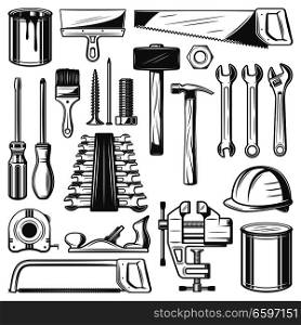 Construction and house repair tool retro icons. Screwdriver, hammer and spanner, wrench, paint and brush, saw, spatula and measure tape, screw, nail and hard hat, jack plane and clamp sketch. Construction, house repair or carpentry tool icons