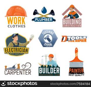 Construction and repair tools vector icons. Electrician, plumber, painter and carpenter service emblems with builders, work tools and equipment, light bulb, paint brush and hard hat. Builder, electrician, repair tool icons