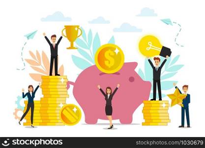 Construction and the cultivation of cash profits, career growth to success, flat color icons, business analysis, team have idea. Vector illustration.