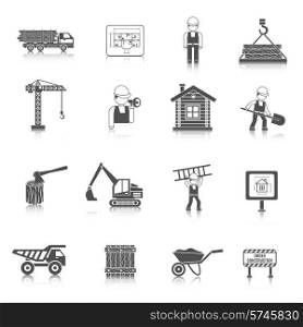 Construction and wood works icons black set with wooden house fence truck isolated vector illustration
