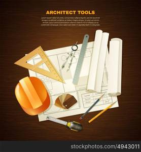 Construction Architect Tools Background. Construction background with architect tools for drawing projects on wooden table flat vector illustration