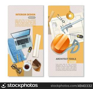 Construction Architect Vertical Banners. Vertical flat banners with construction tools for architect and interior designer isolated vector illustration