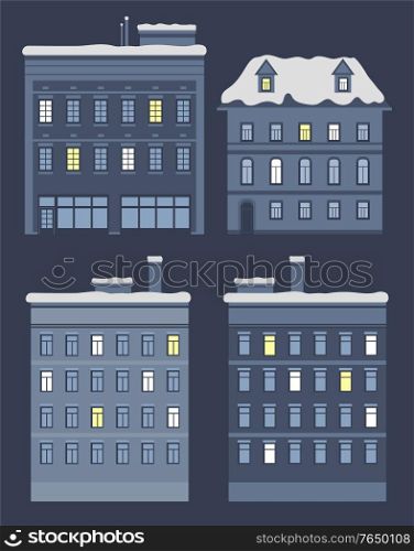 Construction at winter night. Isolated building with lights in windows and entrance. Modern architecture of home. House with roof covered with snow. Facade and exterior. Flat vector illustration. House at Night with Roof Covered with Snow Vector