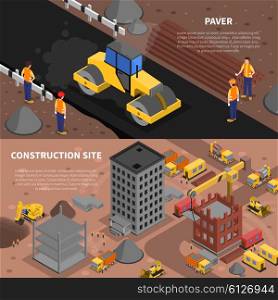 Construction Banners Set. Construction isometric horizontal banners set with construction site symbols isolated vector illustration