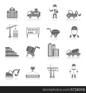 Construction black icons set with truck crane and workers isolated vector illustration
