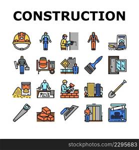 Construction Building And Repair Icons Set Vector. Ladder And Elevator Equipment, Brick And Cement For Build Construction Line. Engineer Project Blueprint And Tool Color Illustrations. Construction Building And Repair Icons Set Vector