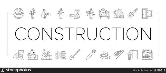Construction Building And Repair Icons Set Vector. Ladder And Elevator Equipment, Brick And Cement For Build Construction Line. Engineer Project Blueprint And Tool Black Contour Illustrations. Construction Building And Repair Icons Set Vector