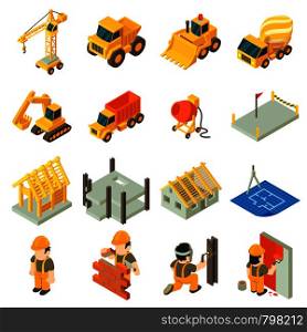 Construction building icons set. Isometric illustration of 16 construction building vector icons for web. Construction building icons set, isometric style
