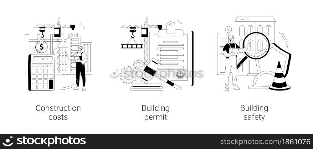 Construction business abstract concept vector illustration set. Construction costs, building permit and safety, protection helmet, contractor engineering, design project, investment abstract metaphor.. Construction business abstract concept vector illustrations.
