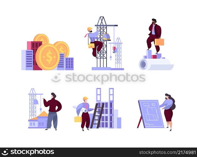Construction business metaphores. Project managing for commercial real estate investment builders conversation garish vector abstract metaphores. Business project, job professional illustration. Construction business metaphores. Project managing for commercial real estate investment builders conversation garish vector abstract metaphores