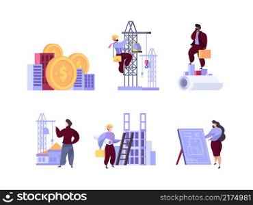 Construction business metaphores. Project managing for commercial real estate investment builders conversation garish vector abstract metaphores. Business project, job professional illustration. Construction business metaphores. Project managing for commercial real estate investment builders conversation garish vector abstract metaphores