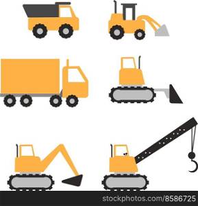 Construction cars icon set on white background. Construction equipment sign. flat style.