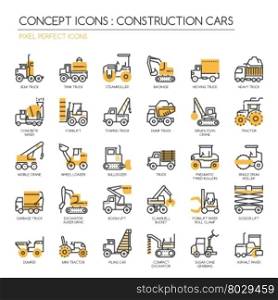 Construction Cars , thin line icons set , Pixel Perfect Icons