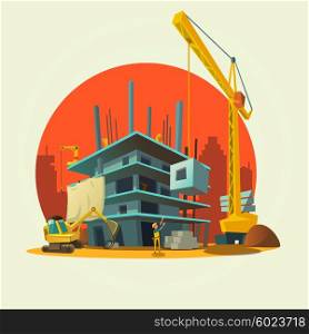 Construction cartoon illustration. Construction concept with retro style concept workers and machines building house cartoon vector illustration