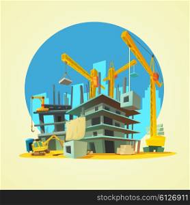 Construction Cartoon Illustration . Construction with building crane and excavator on yellow background cartoon vector illustration